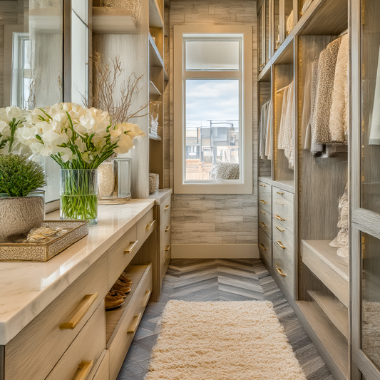 Modern walk-in closet with wooden shelves, drawers, and a window view.
